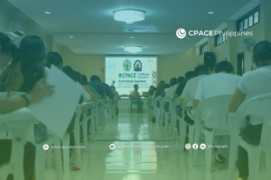 Students seated in rows of white chairs in an exam hall, facing a projector screen that reads "CPACE Continuing Education Institutional Examination." The image features a teal color overlay and displays CPACE Philippines branding, website, and social media contact details.