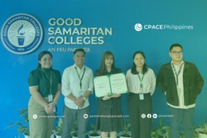Five people stand before a blue wall with the logos of Good Samaritan Colleges and CPACE Philippines. The center person holds a certificate, marking a partnership event.