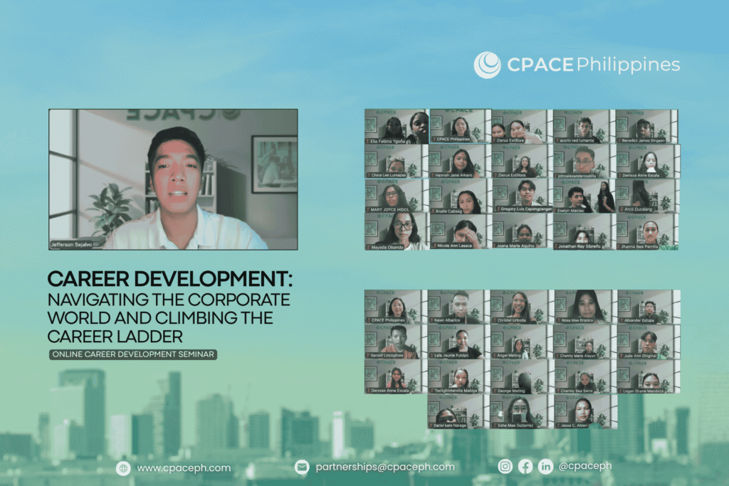 Promotional poster for CPACE Philippines online career development seminar featuring speaker Jefferson Sejalvo on the left in a virtual meeting setting, with a grid of participant video thumbnails on the right, set against a city skyline background.