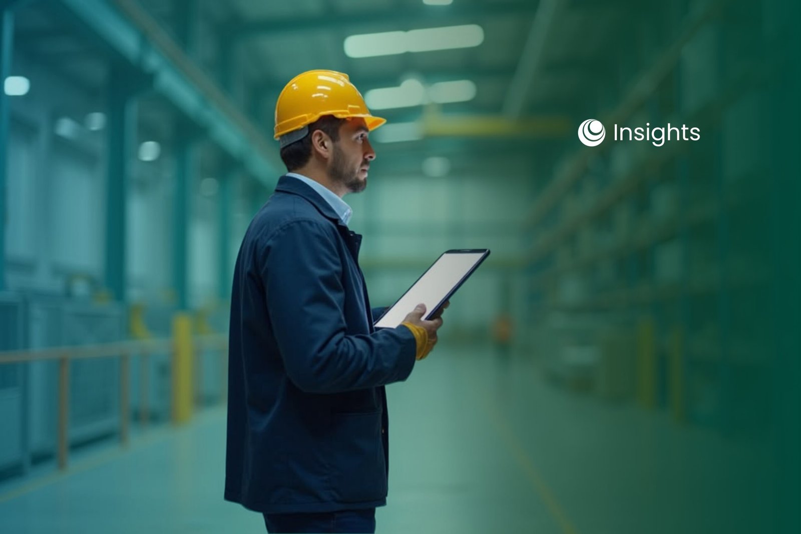 Side profile of a male worker wearing a yellow hard hat and navy jacket, holding a digital tablet inside a warehouse or industrial facility, with an "Insights" logo in the top right corner.