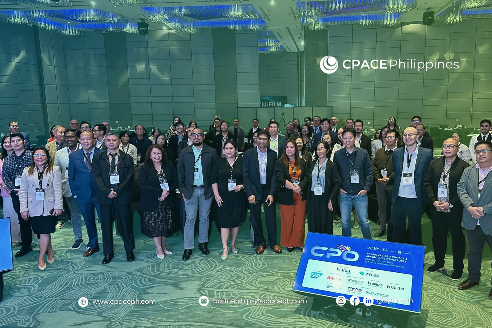 A large group of professionals posing for a group photo at the 3rd Annual CPO Summit & Award Philippines 2026 event.